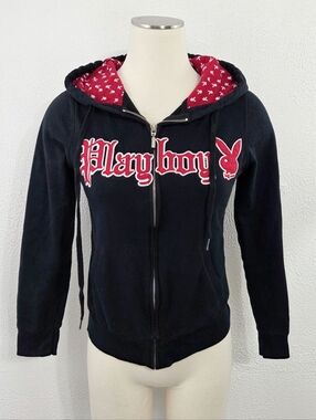 Vintage Playboy hoodie 2000s Y2K black red spellout logo zip women's medium M